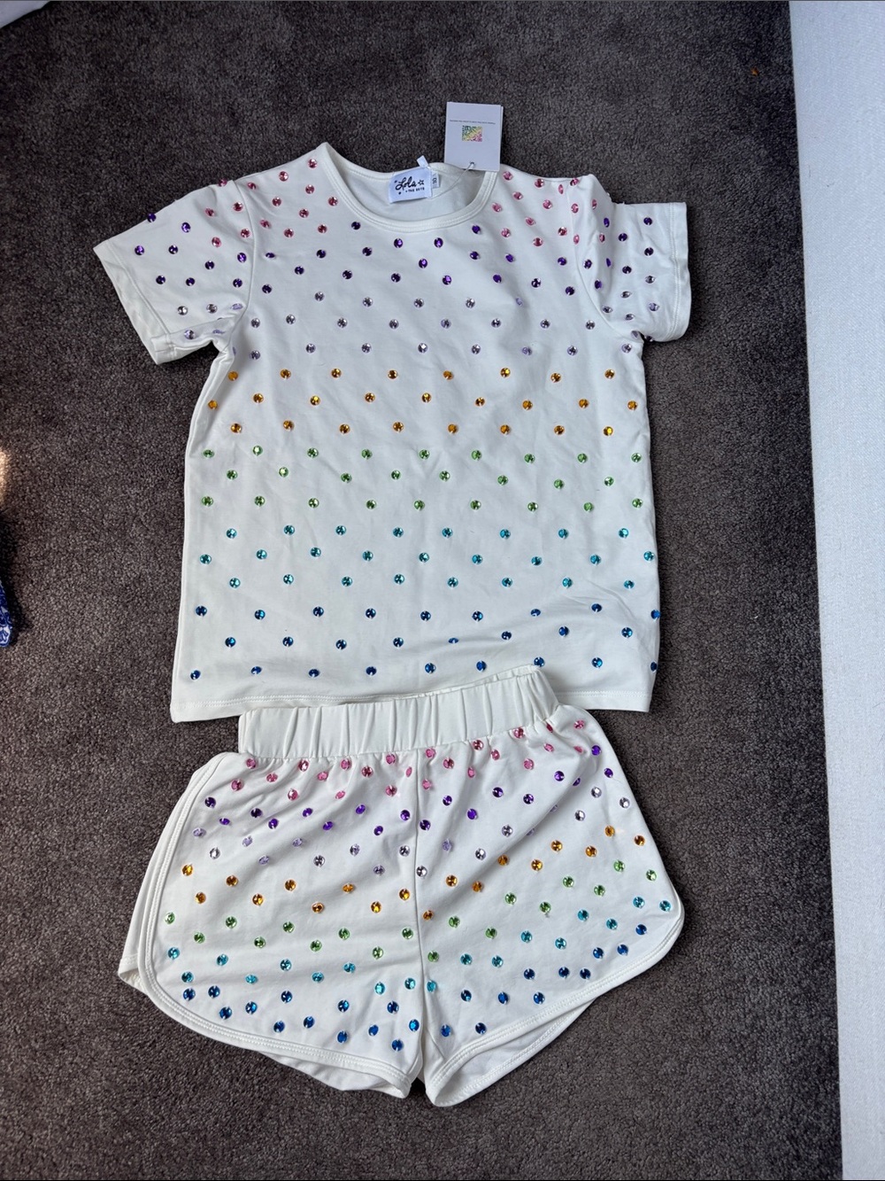 Lola + The Boys Cream Short Sleeve Tee & Rainbow Dot Shorts set